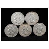Franklin Half Dollars, Qty 5, Years Range 1952-1963