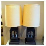 Metal Lantern Style 2-Light Lamps With Burlap Drum Shades, 34" Tall, Qty 2, Both Power On