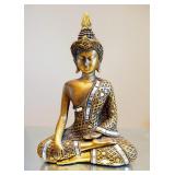 Carved Wood Mask With Puka Shell Eyes, 24" Long And Meditating Buddha Statuette