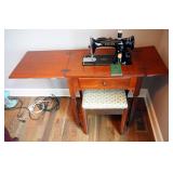 Restored Electric Singer Sewing Machine, Model # AJ459059, With Drop Leaf Table And Knee Pedal Power