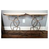 Oval Art Deco Styled Metal Side Tables With Stone Tops, Qty 2, 26" x 23" x 12"