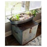 Tin Wash Basin Planter, 5" x 30" x 13" And Rustic Metal Container, 19" x 19" x 19"