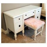 Vintage Painted Wood 5-Drawer Writing Desk With Turned Legs, 29" x 45" x 19", Includes Matching Benc