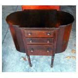 Vintage Wood 3 Drawer Sewing Chest With 2 Side Wells And Turned Legs, 29" x 28" x 14"