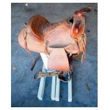 Tooled Leather 17" Western Saddle, Includes 2 Piece Handmade Wood Stand