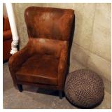 Upholstered Curved Back Arm Chair With Nailhead Trim, 40" x 27" x 28", And Upholstered Pouf Ottoman