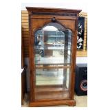 Illuminated Display Cabinet With Sliding Beveled Glass Front, Carved Wood Accents, 4 Adjustable Glas