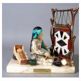 Stone And Metal Statue Of Navajo Weaver, Titled Silver Bell By V Ray, Various Materials, Believed To