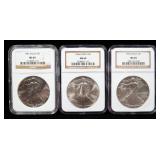 1986, 1987 And 1996 American Eagle $1 Silver Coins, All 1 oz Fine Silver, All Certified By NGC, All 
