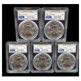 2016 American Eagle $1 Silver Coin, 1 oz Fine Silver, Certified By PCGS, Graded MS70, Qty 5