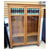 Cabinet With Glass Doors And Slag Glass Diamond Design, 4 Adjustable Shelves (Needs Additional Pegs 