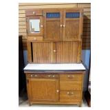 Hoosier Cabinet With 5 Drawers, 3 Upper And 1 Lower Storage Areas, Slide Out Work Tray, Enameled Tab