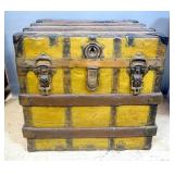 Trunk With Wood Bumpers, Brass Lock, Clasps, And Edge Guards, Tray Insert, Interior Leather Tie-Down