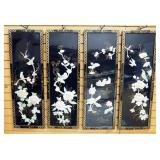 Oriental Black Lacquer 4 Panel Shell Art, Floral And Bird Images Are Made Of Shells, Each Panel 36" 