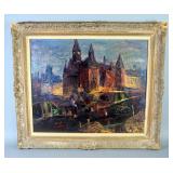 Original Oil On Canvas Painting Of City Scene, Signed E. Lawson, Framed, 32.5" H x 37.5" W