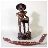Ironwood Bali Carved Fisherman Holding Net, 15" High, And Carved Wood Boat, 15" Long