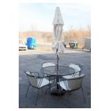 Metal Patio Set With Mesh Design, Includes Table, Umbrella, 4 Chairs With Removable Cushions