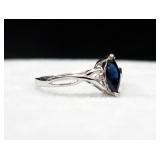 10K White Gold Marquise Cut Sapphire And Diamond Ring, 8x4mm Sapphire, Size 7