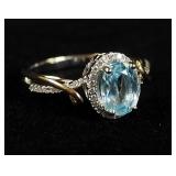 10K Two Tone Gold Oval Cut Aquamarine And Diamond Ring, Approx 1 Carat 8x6mm Aquamarine And .15 TW D