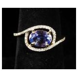 10K Yellow Gold Oval Cut Tanzanite And Diamond Ring, Approx 1 Carat 8x6mm Tanzanite And .12 TW Diamo