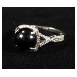 10K White Gold Cabochon Onyx And Diamond Ring, Approx 1.5 Carat 9mm Onyx nd .16 TW Diamond - Size 7