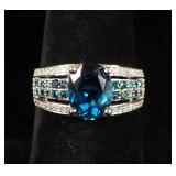 10K White Gold Oval Cut Blue Topaz And Diamond Ring, Approx 1.5 Carat 9x7mm Blue Topaz, Size 7
