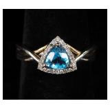 10K Two Tone Gold Pyramid Cut Blue Topaz And Diamond Ring, Approx 5mm Blue Topaz And .10 TW Diamond,