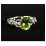 10K White Gold Oval Cut Peridot And Diamond Ring, Approx 1.5 Carat 9x7mm Peridot, Size 7