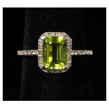 10K White Gold Emerald Cut Peridot And Diamond Ring, Approx 1 Carat 8x6mm Peridot, Size 7