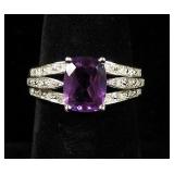 10K White Gold Oval Cut Amethyst And Diamond Ring, Approx 1.5 Carat 9x7 Amethyst, Size 6 3/4