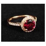 14K Rose Gold Round Cut Garnet And Diamond Ring, Approx 1 Carat 8mm Garnet, Size 7