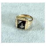 10K Yellow Gold Onyx And Diamond Masonic Ring, Size 8, Approx 5.90 g Total Weight