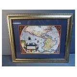 Americae Sive Novi Orbis Spanish World Map, Framed Matted Under Glass, 20" x 24"