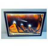 Pyramids Under The Stars Painting, Unknown Artist, Framed Under Glass, 16.5" x 22.5"