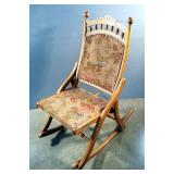 Antique Folding Wood Rocking Chair With Tapestry Back And Seat