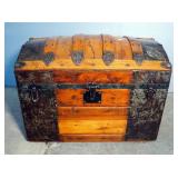 Antique Camelback Storage Trunk With Inner Tray, Leather Handles And Metal Hardware, 20" x 26" x 14.