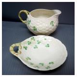 Belleek Green Shamrock Short Bucket, Small Oval Bowl, Flared Vase 8" Tall, Sugar Bowl, And Creamer, 