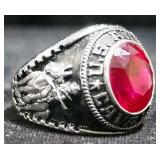 U S Army Cavalry Silver Tone Ring With Red Stone Believed To Be Ruby, Size 8