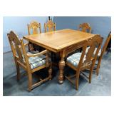 Oak Dining Room Table, 31" x 38" x 60" With Hidden End Leaves, And Pressed Back Dining Chairs, Qty 6