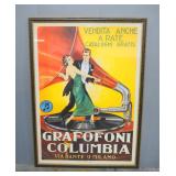 "Grafofoni Columbia" Reproduction Of Vintage Italian Advertising Poster Framed Under Glass, 57" x 41