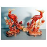 Carved Orange Jade Phoenix Bird Pair, 10" Tall, Including Carved Wood Stands And Storage Box