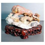 Carved Bloodstone Tiger On Carved Wood Stand, 6.5" x 9.5"