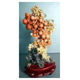 Carved Bloodstone Cherries On Carved Wood Stand, 13" Tall
