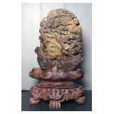 Carved Bloodstone Dragon On Carved Stone Base, 10" Tall