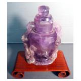 Carved Amethyst Pot With Dragon Figures, 8.5" Tall, Includes Wood Base And Storage Box
