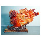 Carved Orange Jade Fan With Wood Stand, 12" Tall, Includes Storage Box