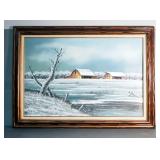 Everett Woodson, Oil On Canvas, Winter Farmstead Painting In Carved Wood Frame, 31" x 43"