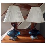 Antique Aqua Marine Art Glass And Bronzed Footed 30" Table Lamps, Qty 2, Both Power On