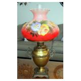 Antique Brass Urn Hurrican Lamp WIth Painted Glass Shade, 26" Tall