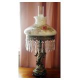 Figural Brass Toned Footed Lamp With Painted Glass Shade, And Prism Charms, 26" Tall